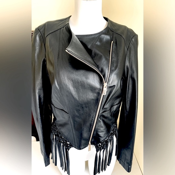 New Soft Black real Lamb leather Biker jacket Long leather tassels EUR 38 US 6-8 - Picture 6 of 16
